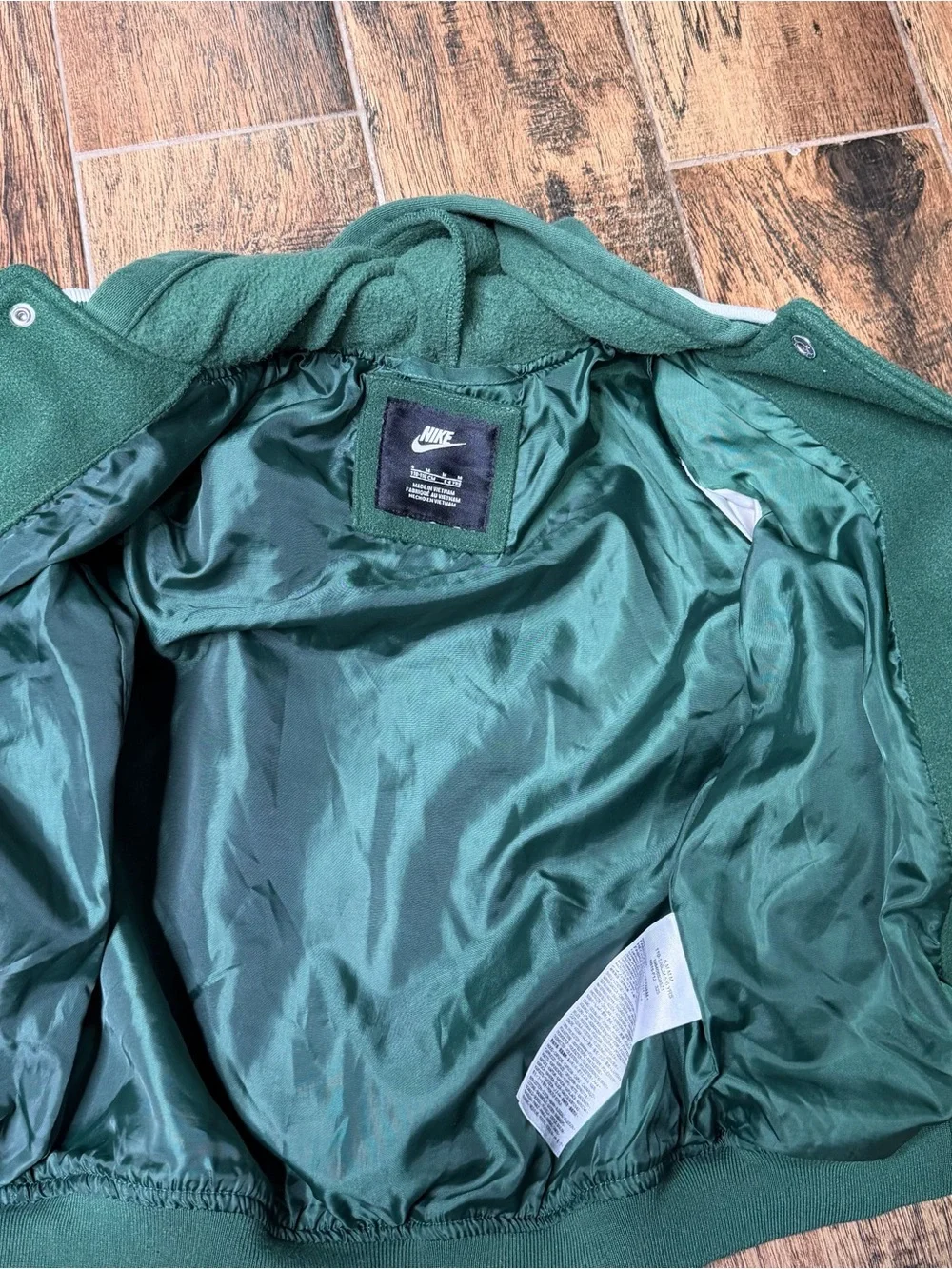 Nike Vintage-Style Green & Cream Varsity Bomber Jacket Hoodie Kids M 6